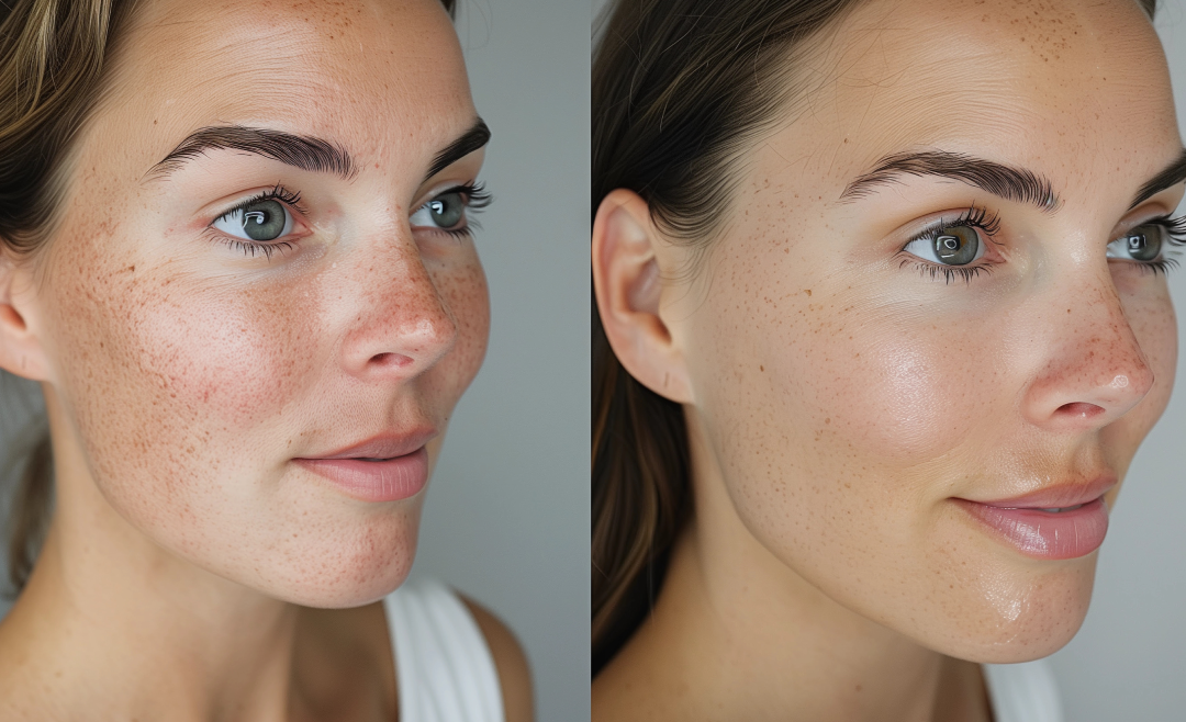 Before-and-after results of medspa laser therapy showing reduced freckles and smoother skin.